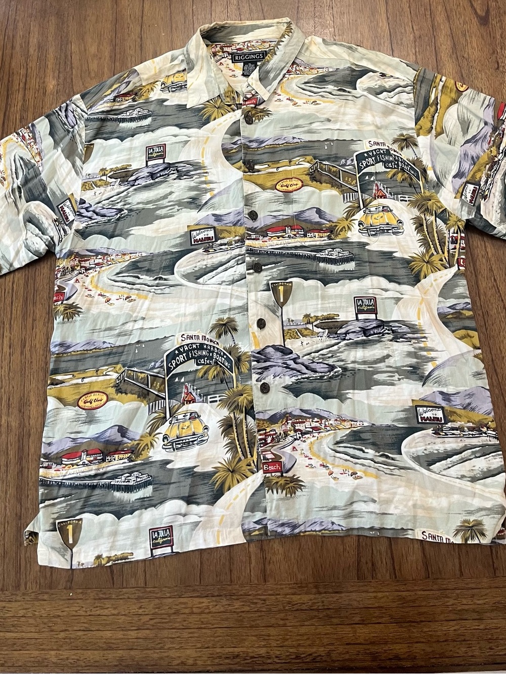 RIGGINGS Vintage California Coastal Scenic Print Hawaiian Shirt XL